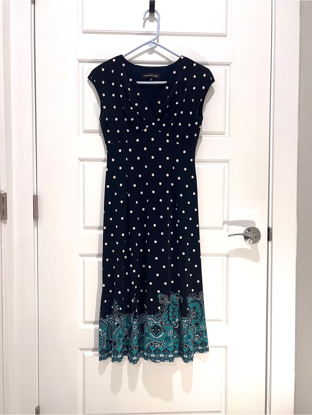 Jones New York Navy Polka Dot Midi Dress with Teal Border